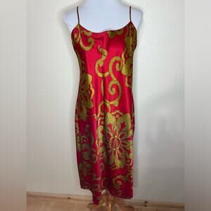 Natori Private luxuries RED GOLD sunflower satin slip dress MEDIUM